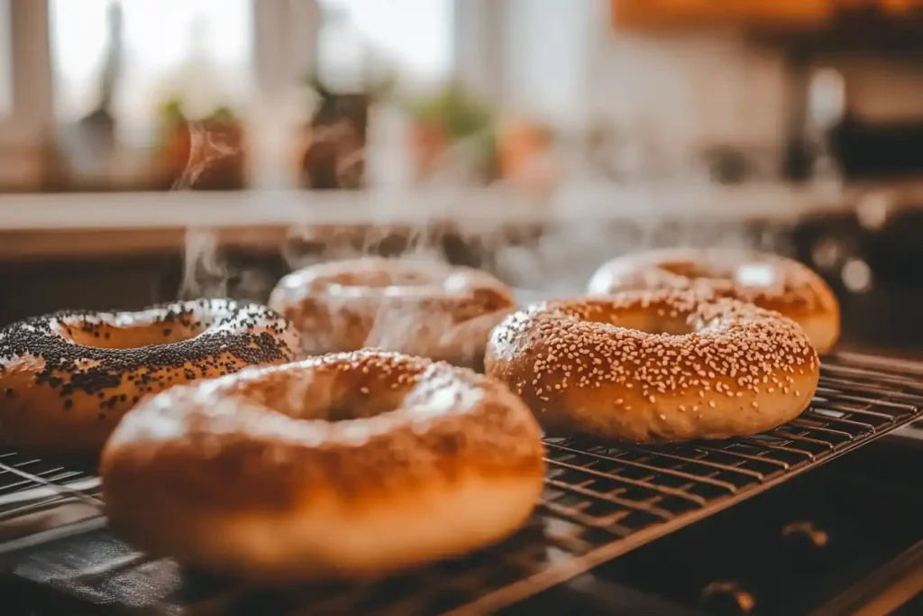 A batch of golden-brown sourdough bagels fresh out of the oven, topped with sesame and poppy seeds, steaming on a cooling rack in a warm kitchen setting.