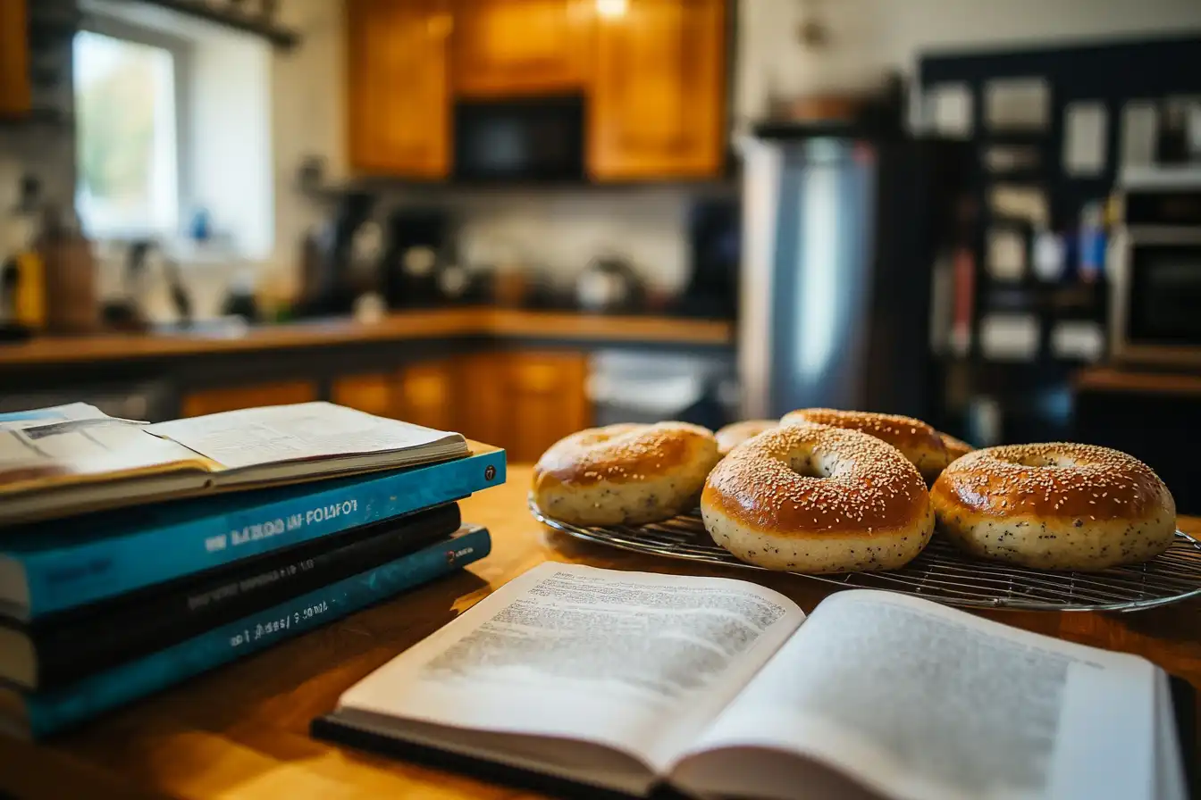 A batch of golden-brown sourdough bagels with sesame seeds cooling on a wire rack, placed on a wooden counter in a cozy kitchen with books and an open cookbook in the foreground.