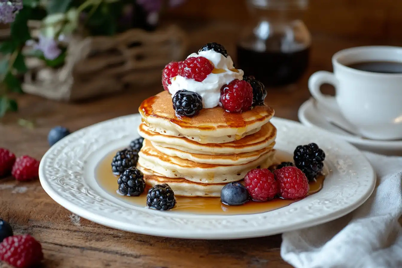 A stack of golden mini pancakes topped with whipped cream, fresh raspberries, blackberries, and blueberries, drizzled with maple syrup, served on a white plate with a rustic breakfast setup.