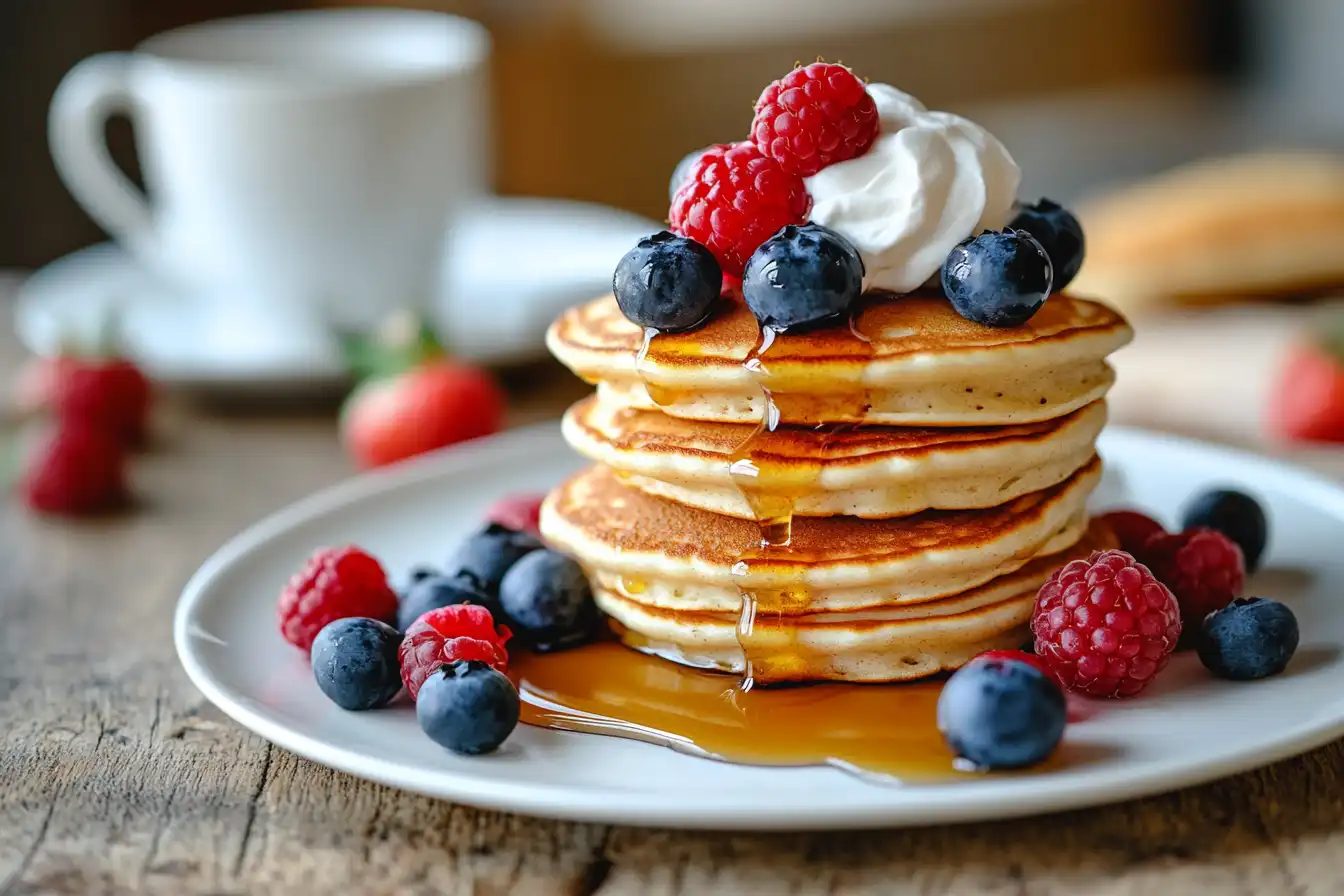 A beautiful stack of mini pancakes topped with fresh blueberries, raspberries, whipped cream, and syrup, served on a white plate.