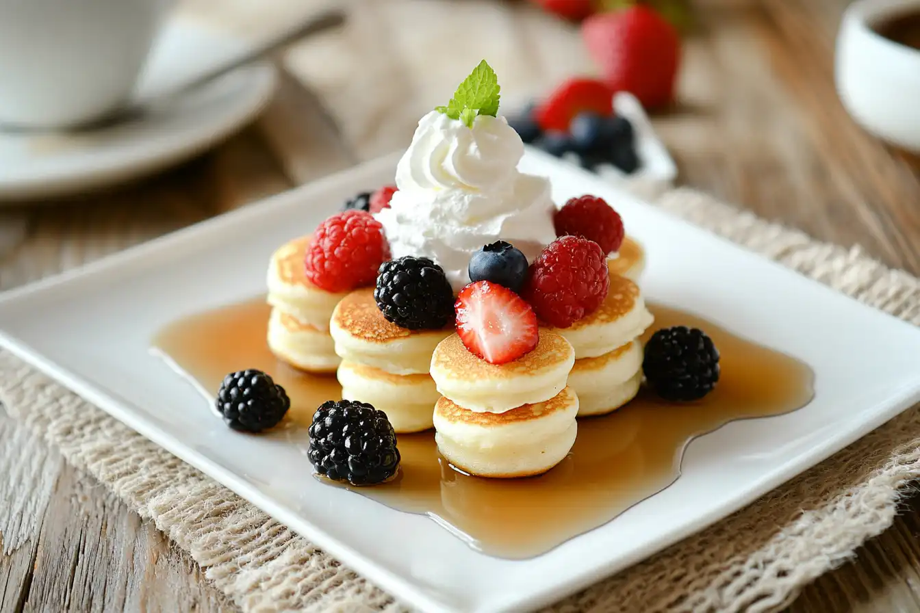 A stack of mini pancakes topped with whipped cream, fresh strawberries, raspberries, blueberries, and blackberries, drizzled with maple syrup on a white plate.