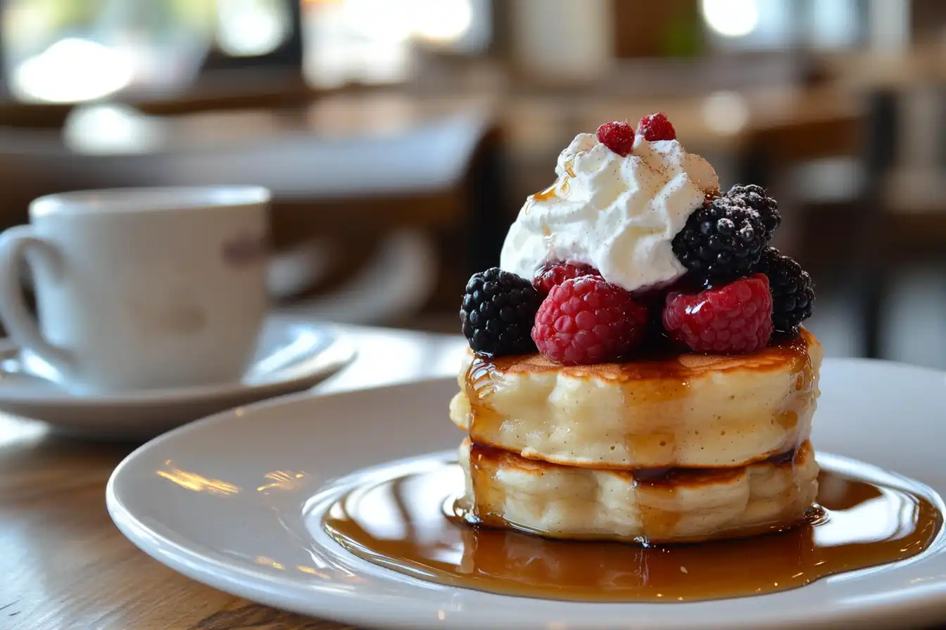 A stack of fluffy mini pancakes topped with whipped cream, fresh raspberries, and blackberries, drizzled with maple syrup on a white plate.