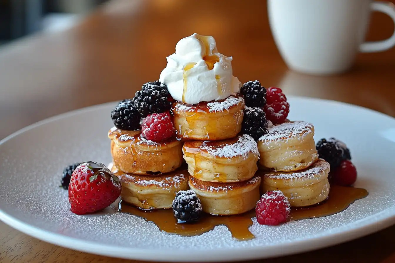 A beautifully stacked serving of mini pancakes topped with powdered sugar, whipped cream, fresh strawberries, raspberries, and blackberries on a white plate with syrup drizzled around.