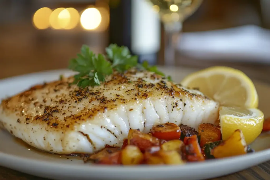 A close-up of a baked rockfish fillet served with roasted vegetables, garnished with parsley and lemon wedges, showcasing its golden texture.