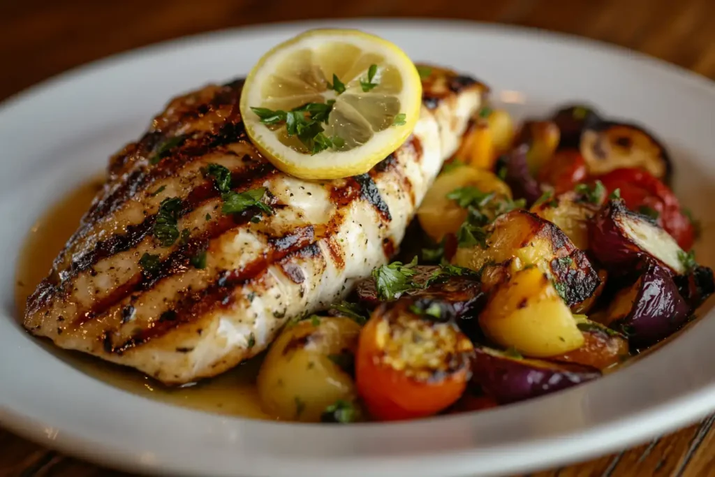 A grilled rockfish fillet served with lemon, parsley, and roasted vegetables on a white plate.