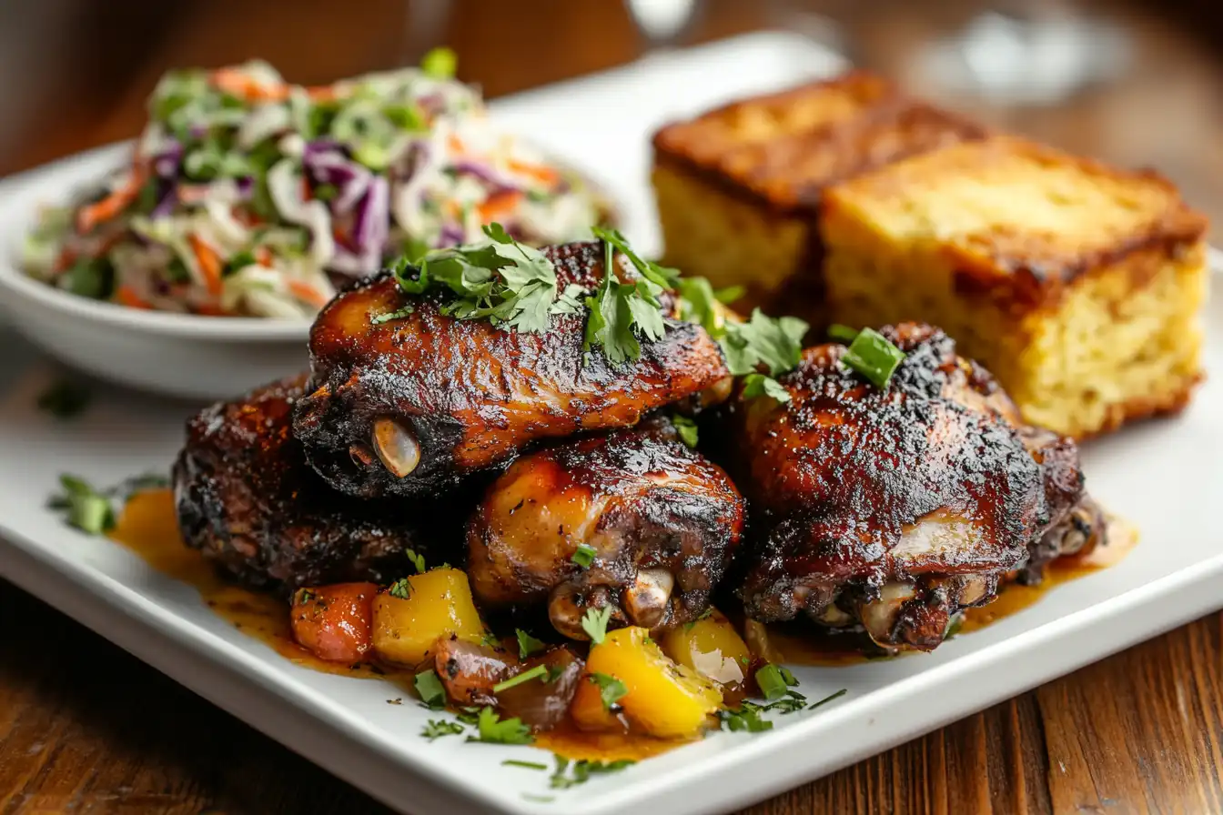 A beautifully plated serving of smoked chicken thighs, garnished with fresh cilantro and served alongside colorful coleslaw and cornbread on a white plate.