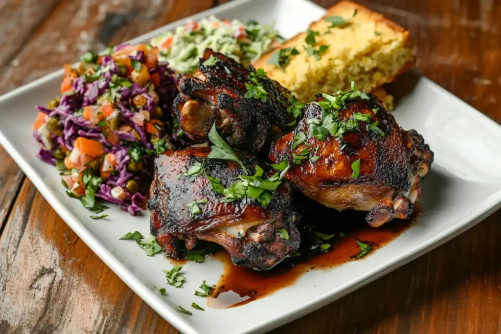 Juicy smoked chicken thighs served on a plate with colorful coleslaw, cornbread, and garnished with fresh herbs.