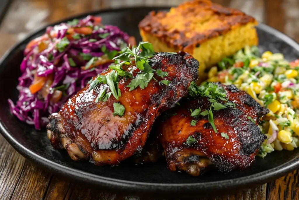 A beautifully plated serving of smoked chicken thighs, garnished with fresh herbs, paired with coleslaw, cornbread, and a corn salad on a black plate.