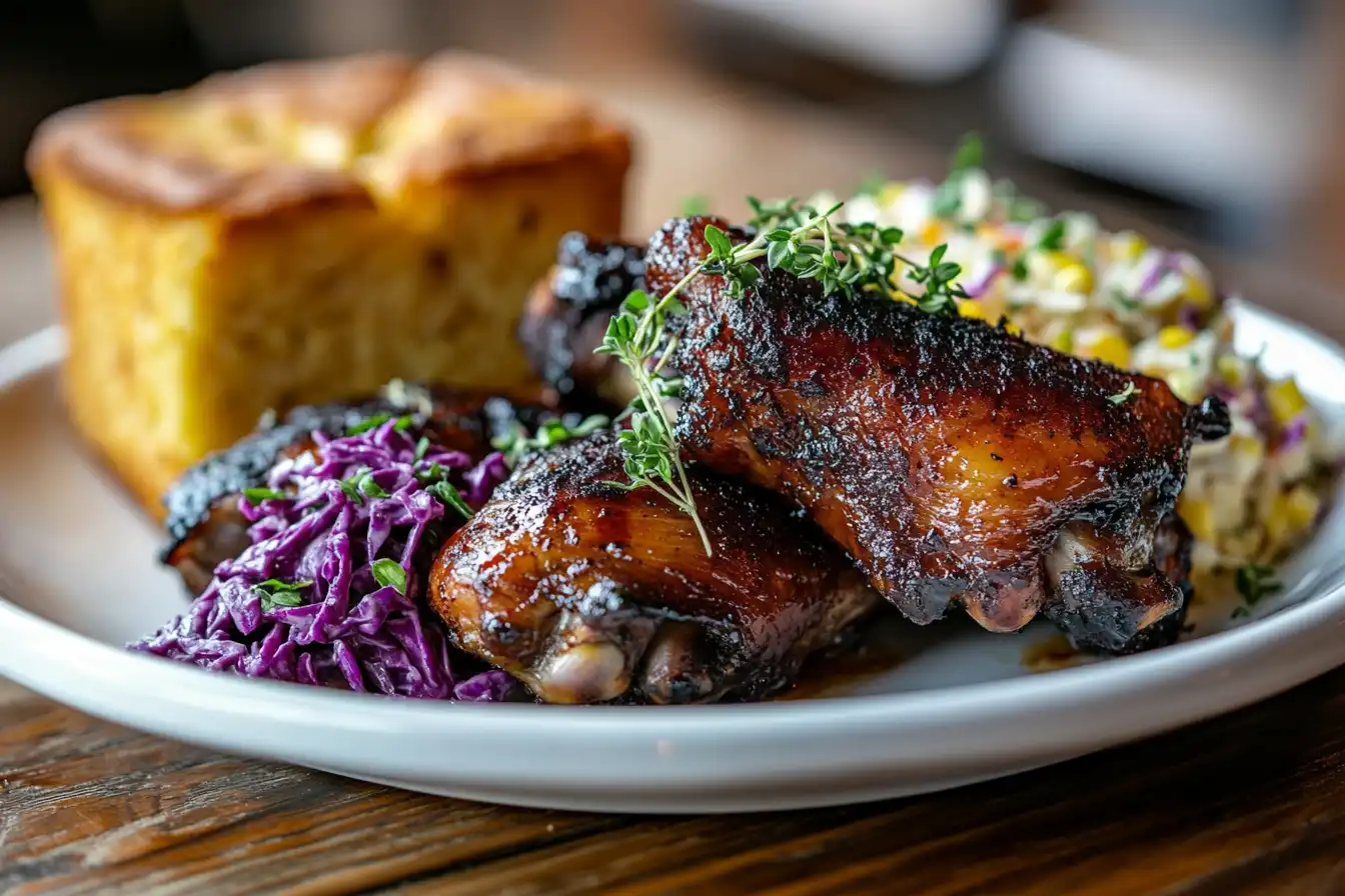 A beautifully plated serving of smoked chicken thighs with crispy skin, garnished with fresh herbs and accompanied by red cabbage slaw and cornbread.