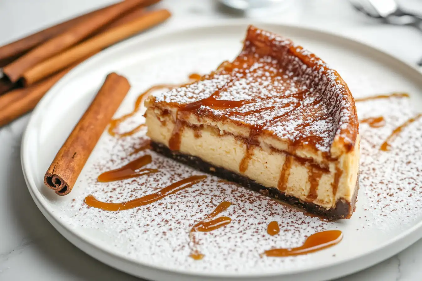 A beautifully sliced piece of churro cheesecake on a white plate, garnished with powdered sugar, caramel drizzle, and a cinnamon stick.