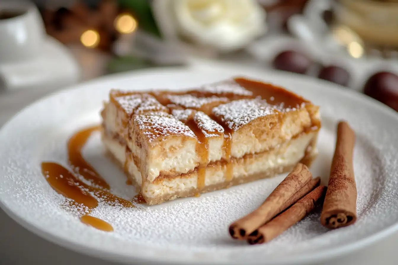 A beautifully sliced piece of churro cheesecake topped with caramel drizzle and powdered sugar, served with cinnamon sticks on a white plate.