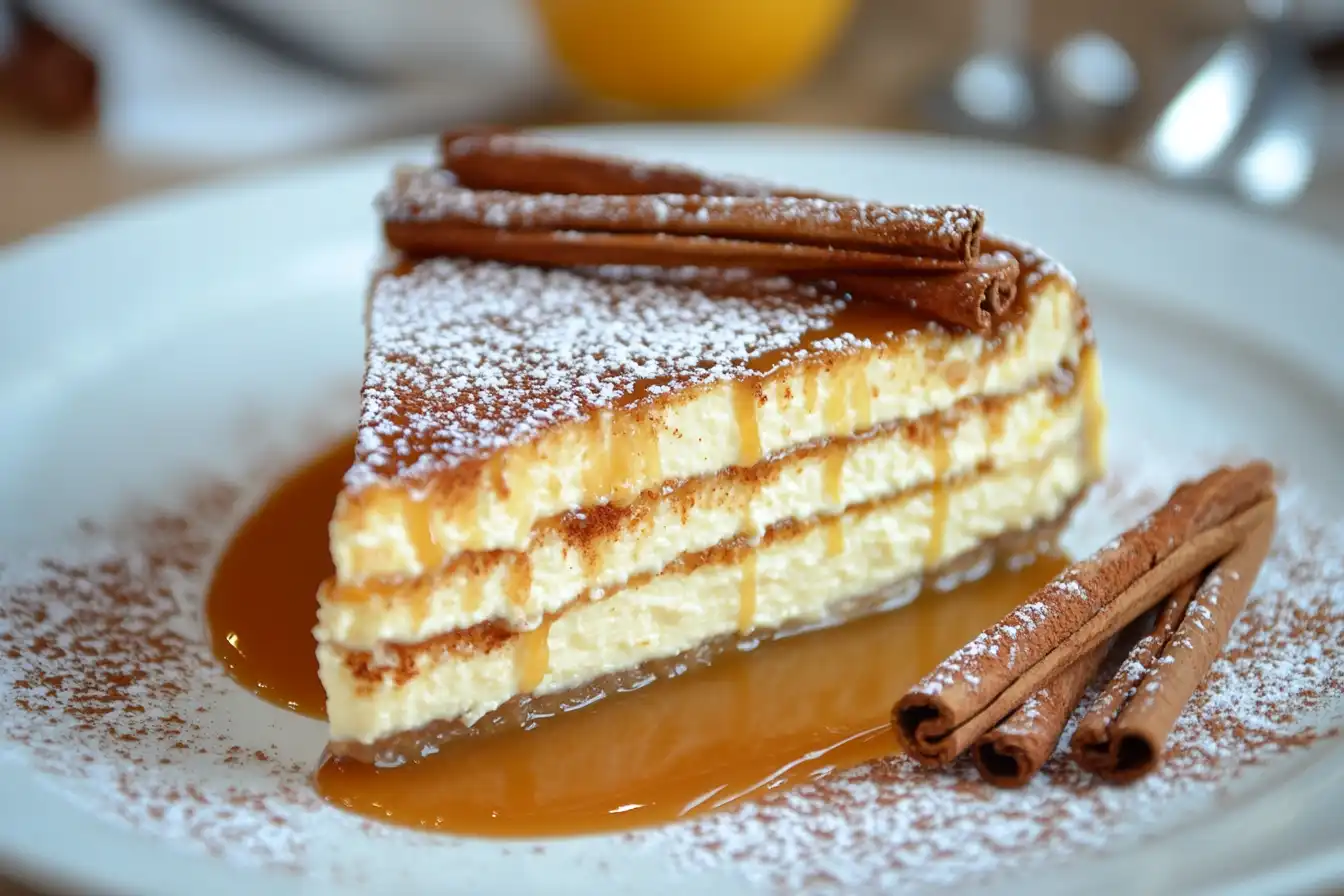 A beautifully sliced piece of churro cheesecake on a white plate, drizzled with caramel sauce, topped with cinnamon sticks, and dusted with powdered sugar.