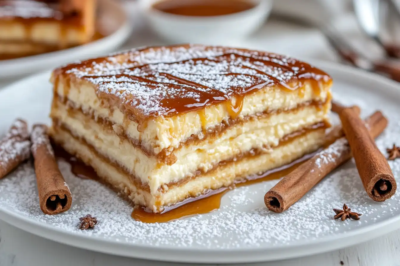 A close-up of a beautifully layered churro cheesecake slice, topped with caramel drizzle and powdered sugar, served on a white plate with cinnamon sticks.