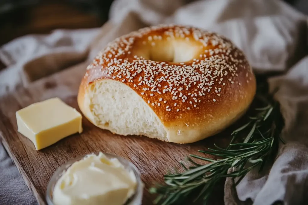 A close-up of a freshly baked sesame-topped sourdough bagel on a wooden board, with butter and rosemary garnish.
