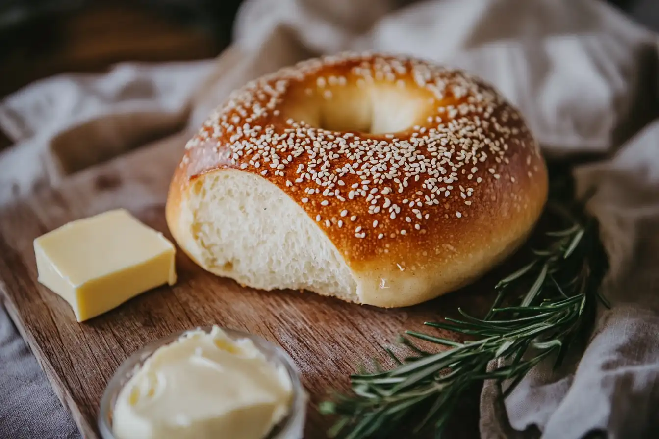 A close-up of a freshly baked sesame-topped sourdough bagel on a wooden board, with butter and rosemary garnish.