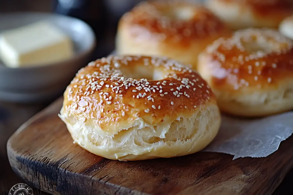 A close-up of a freshly baked sourdough bagel with a golden-brown crust and sesame seed topping, placed on a wooden board with butter in the background.