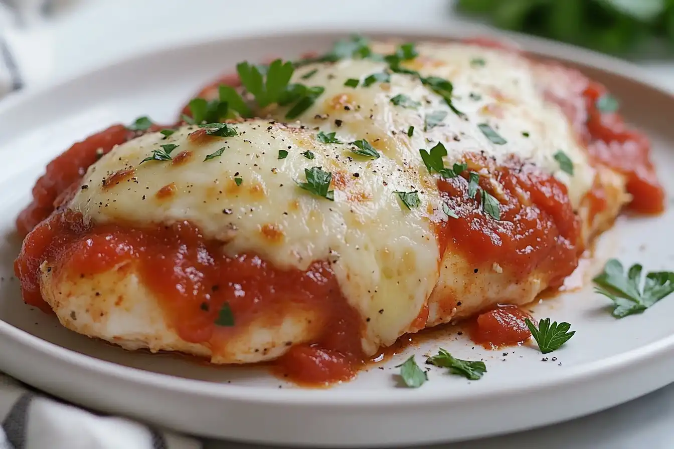 A close-up of a freshly made chicken parmigiana dish topped with melted mozzarella cheese, marinara sauce, and garnished with fresh parsley.