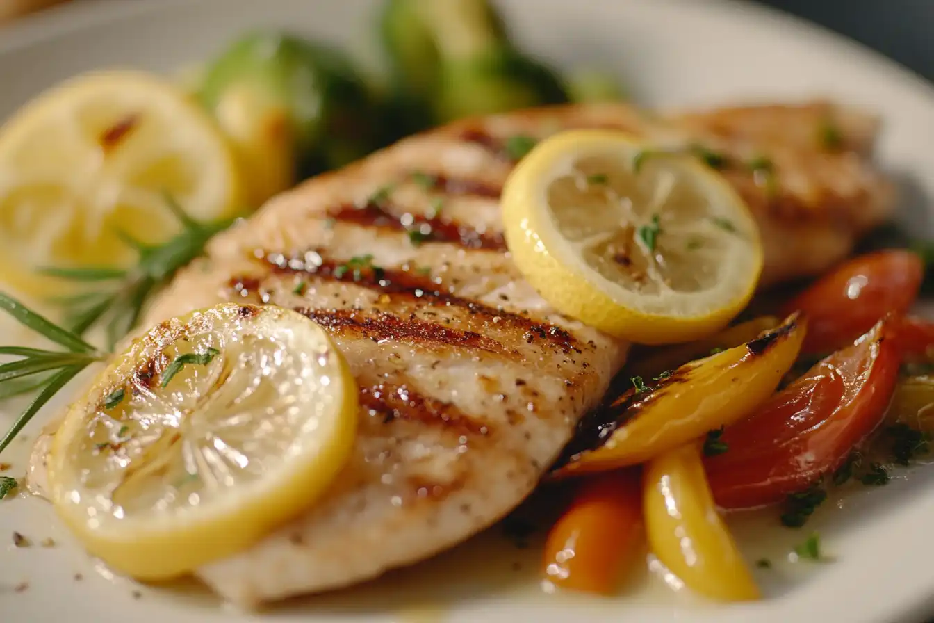 A close-up of a grilled rockfish fillet garnished with fresh lemon slices, rosemary, and served with colorful roasted vegetables.