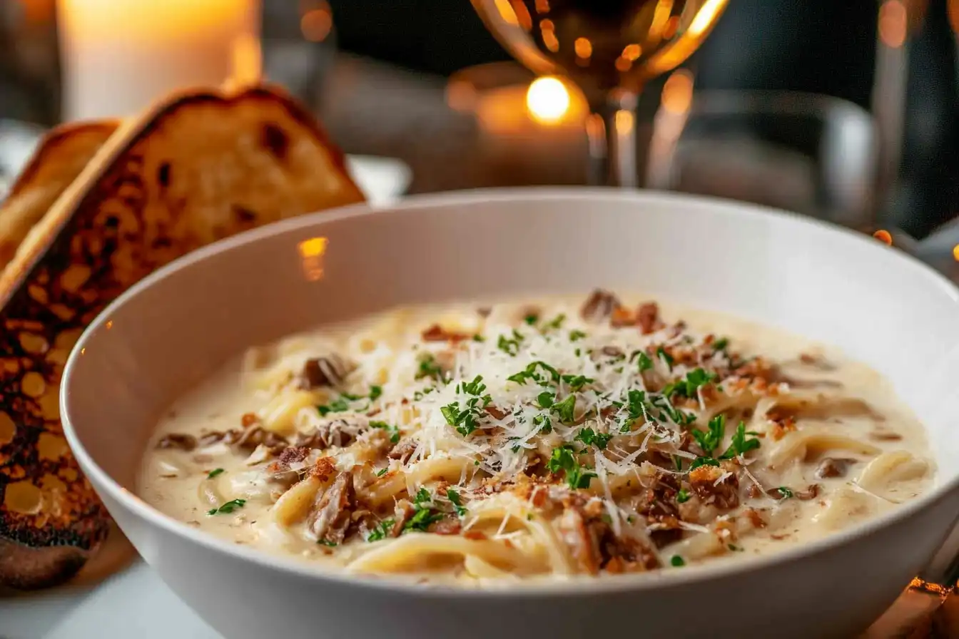 A creamy pasta dish topped with grated Parmesan, chopped parsley, and savory mushroom toppings, served with toasted bread in a cozy candlelit setting.