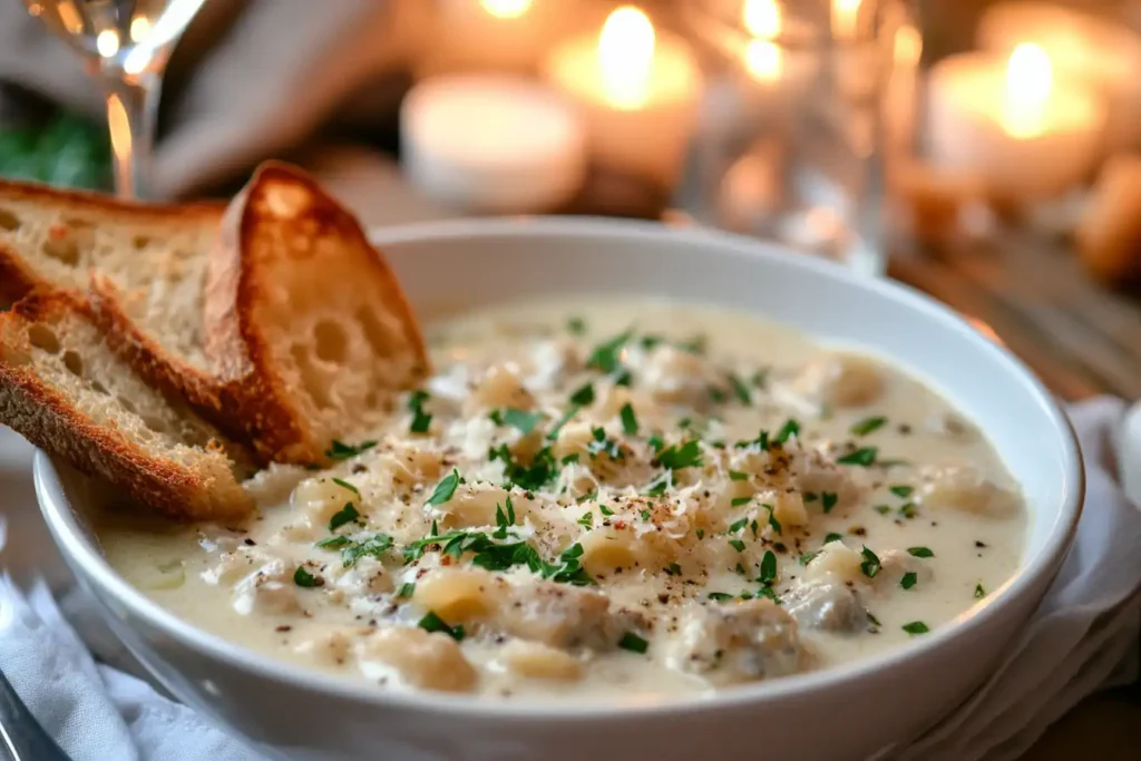 Creamy Lion’s Mane mushroom pasta topped with fresh parsley and served with crispy bread slices, under soft candlelight.