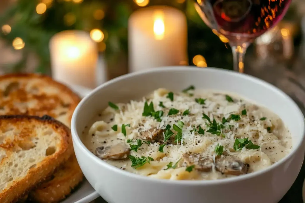 A creamy Lion's Mane mushroom pasta dish garnished with fresh parsley and grated cheese, served with toasted bread on a cozy dinner table.