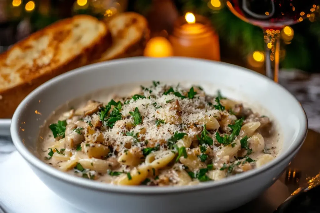 A creamy Lion's Mane mushroom pasta dish served in a white bowl, garnished with fresh parsley and Parmesan cheese, accompanied by toasted bread in the background.