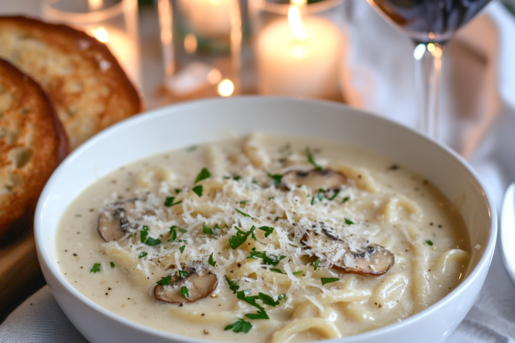 A creamy Lion's Mane mushroom pasta dish garnished with fresh parsley and grated Parmesan cheese, served in a white bowl alongside toasted bread.