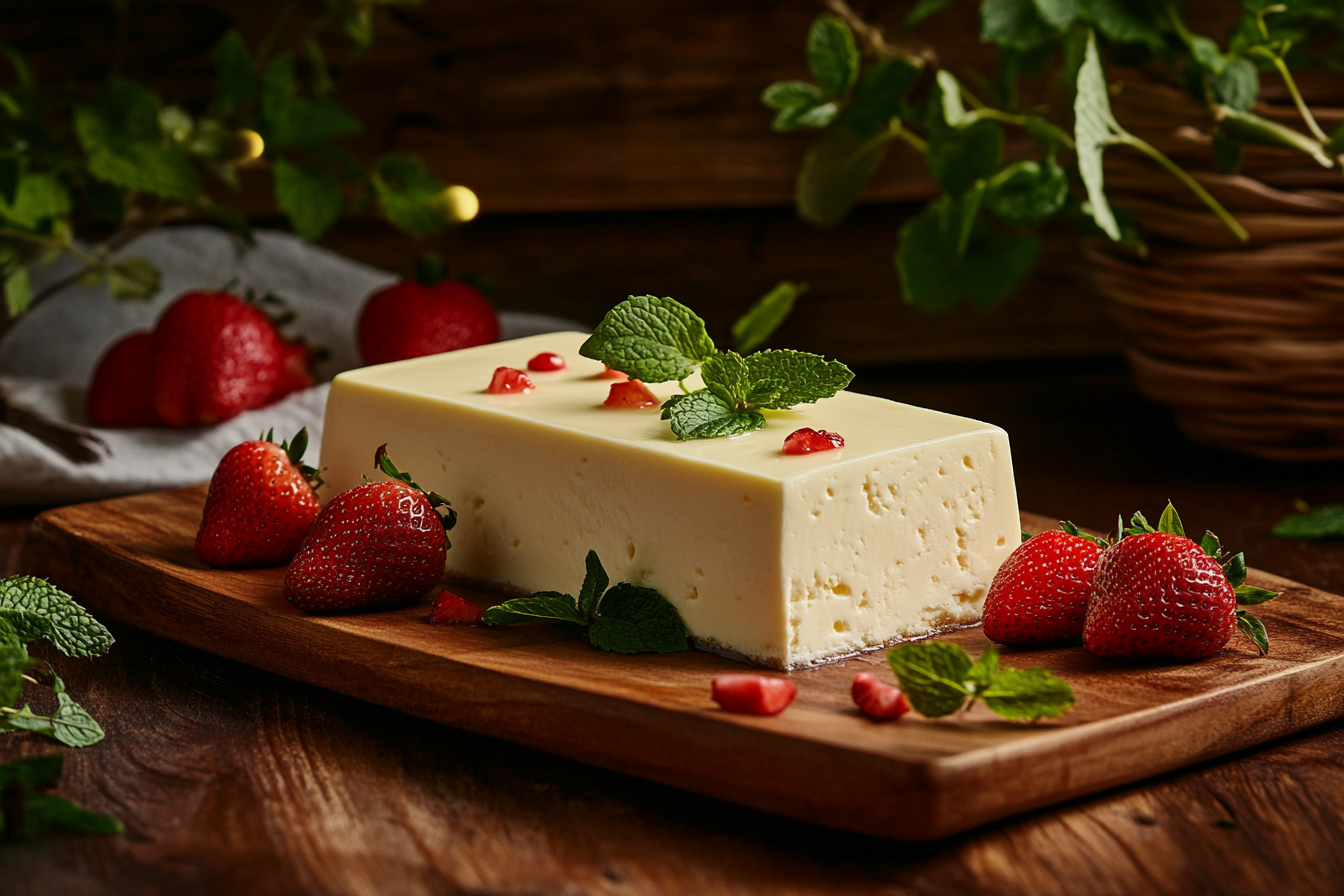 A creamy cottage cheese cheesecake garnished with fresh strawberries, mint leaves, and pomegranate seeds on a wooden serving board.