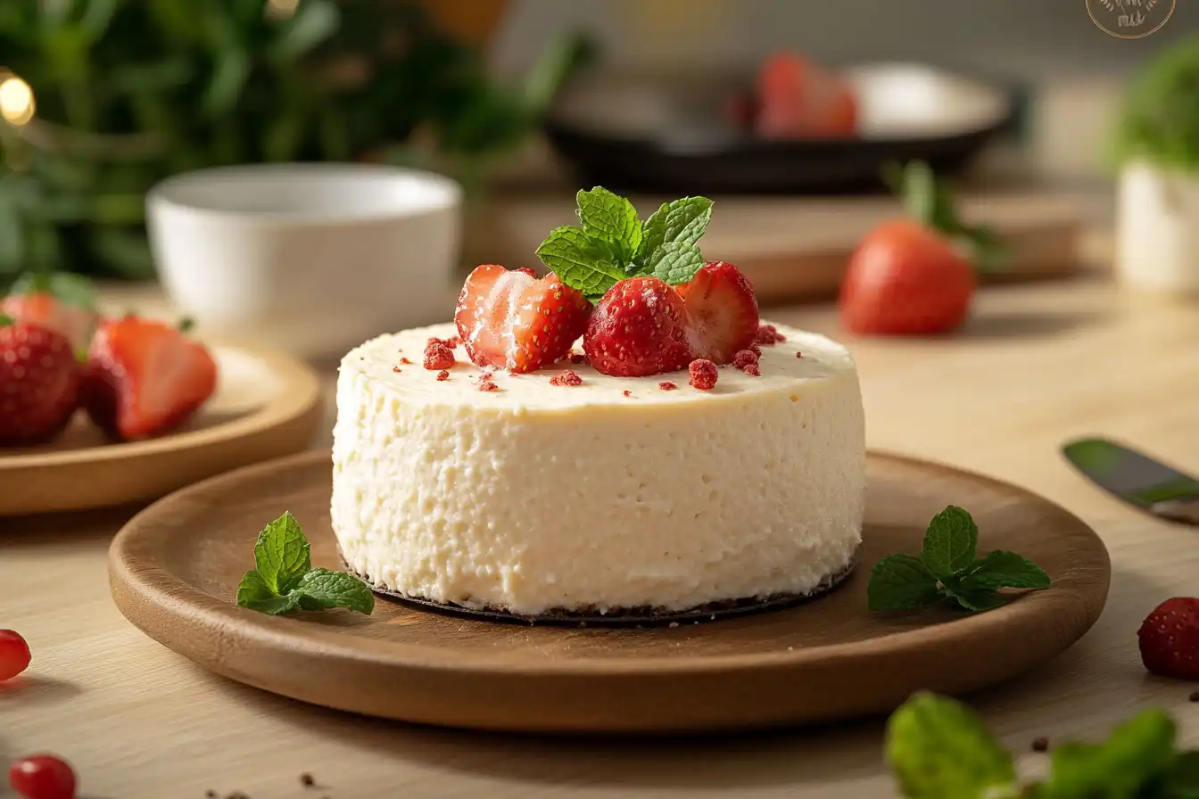A creamy cottage cheese cheesecake topped with fresh strawberries and mint leaves, served on a wooden plate in a cozy kitchen setting.