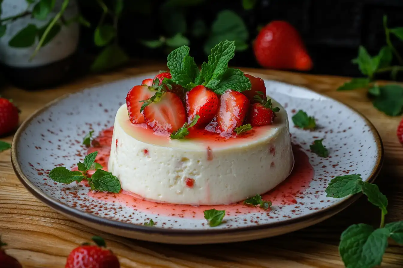 A creamy cottage cheese cheesecake topped with fresh strawberries, mint leaves, and strawberry syrup, served on a ceramic plate.