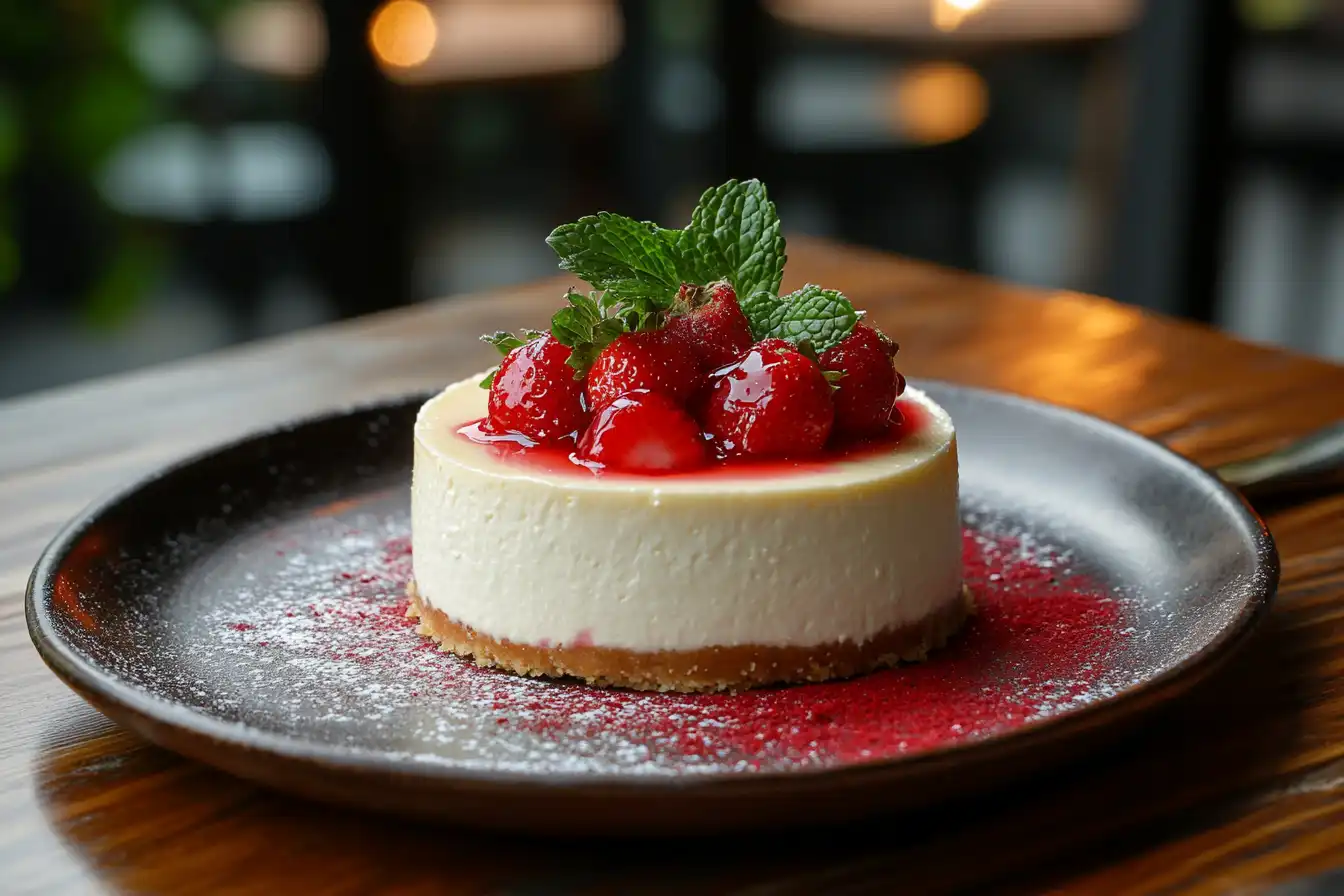A creamy and elegant cottage cheese cheesecake topped with fresh strawberries, mint leaves, and a drizzle of strawberry sauce on a dark plate.