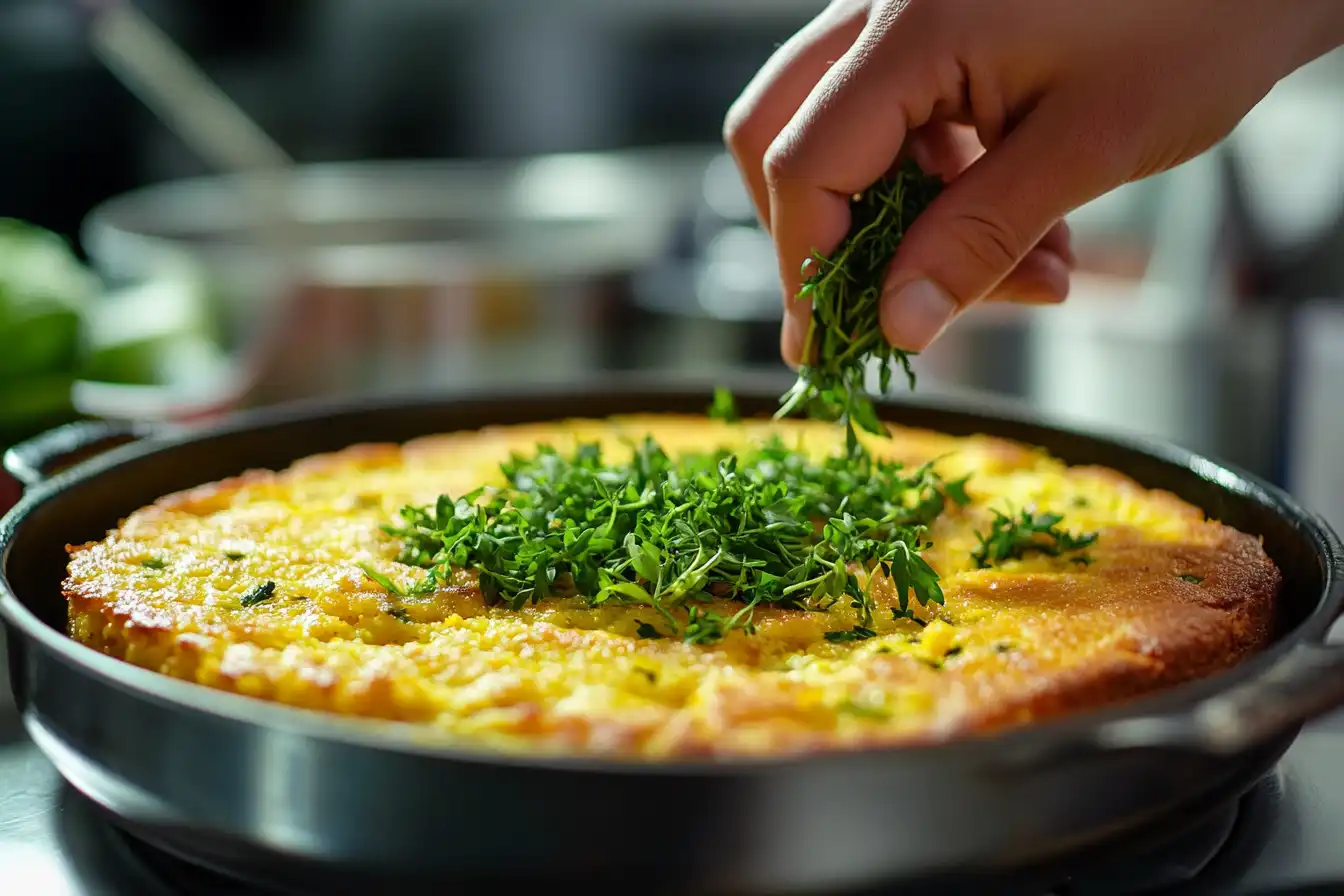 A modern twist on cornbread: a hand garnishing freshly baked cornbread in a cast-iron skillet with fresh herbs.