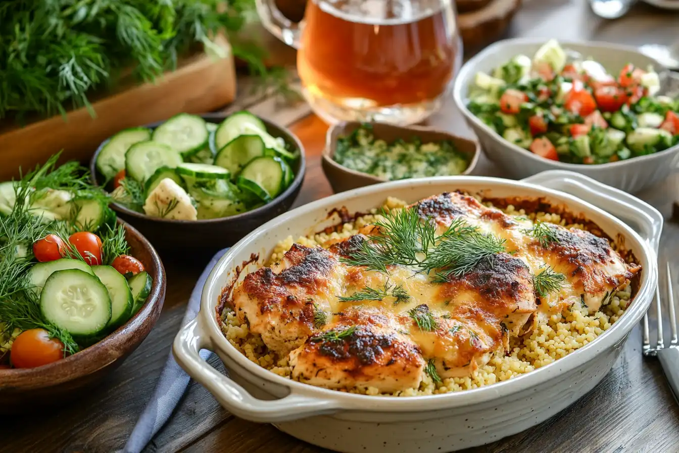 A family-style spread showcasing chicken casserole with melted cheese, served over couscous, paired with fresh cucumber salad and tomato garnish.