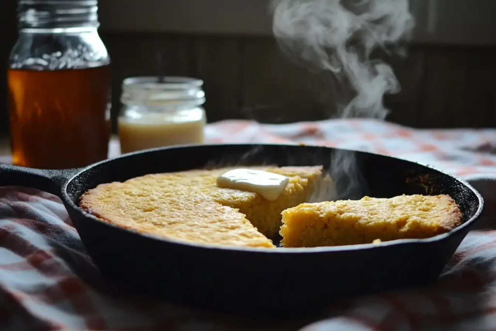 A perfectly baked Southern cornbread in a cast-iron skillet with a golden crust and a pat of melting butter on top, surrounded by a rustic setting.
