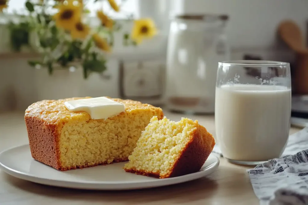 A perfectly baked cornbread served on a plate with a slice cut, topped with butter and accompanied by a glass of milk on a cozy kitchen table.