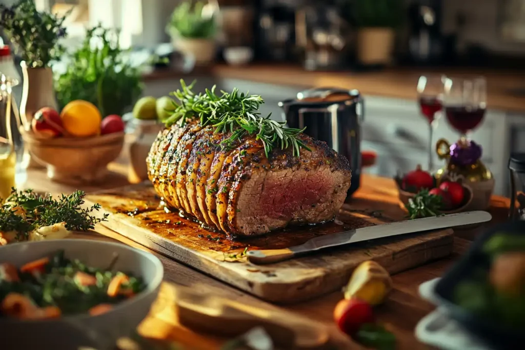 A perfectly cooked ribeye roast with a golden-brown crust, garnished with fresh rosemary, sitting on a wooden cutting board surrounded by fresh vegetables and herbs.