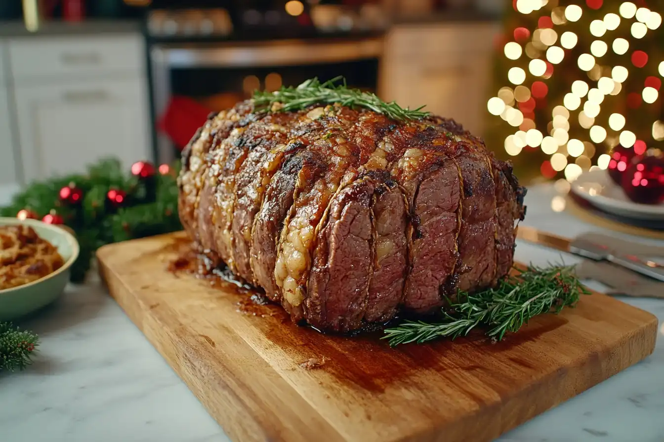 Perfectly cooked ribeye roast with a golden-brown crust, garnished with fresh rosemary, served on a wooden cutting board in a festive setting.