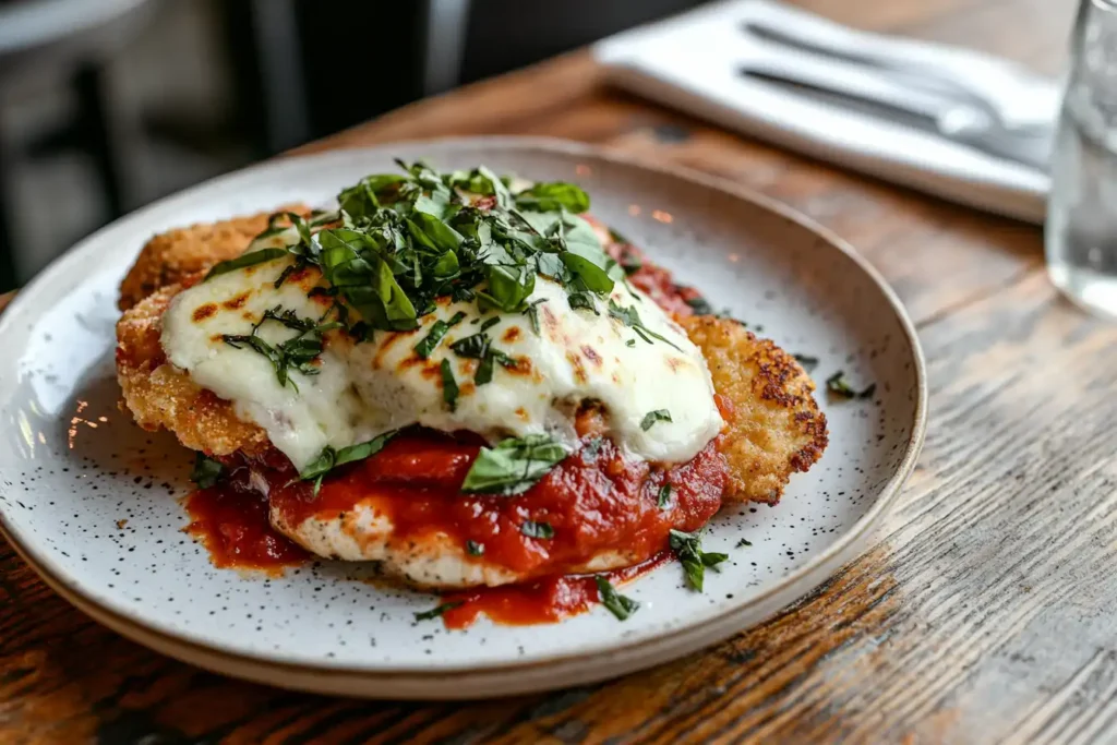 A plate of Chicken Parmesan with crispy breaded chicken, marinara sauce, melted mozzarella cheese, and fresh basil garnish.
