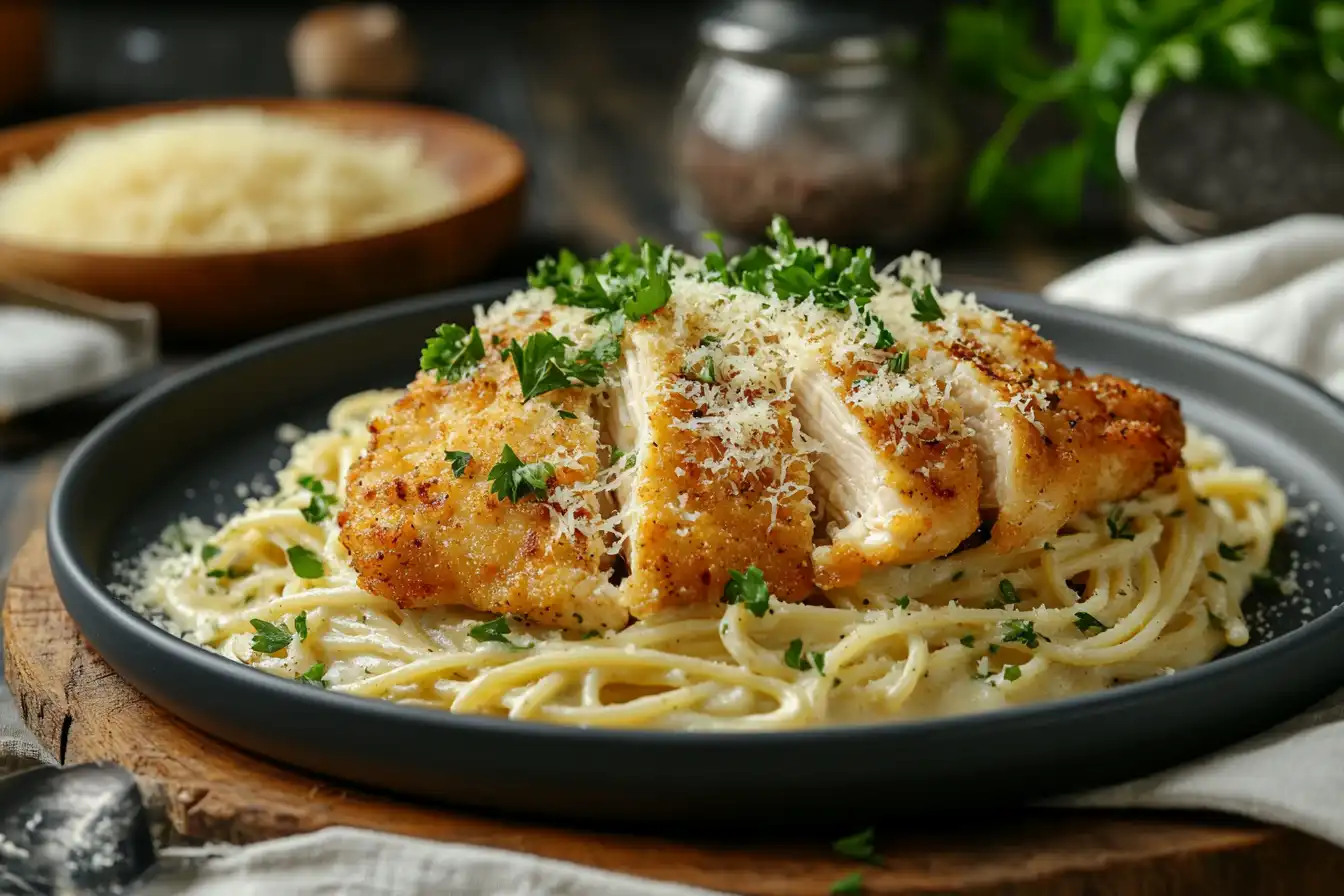 Garlic Parmesan chicken pasta served with creamy spaghetti and garnished with parsley.