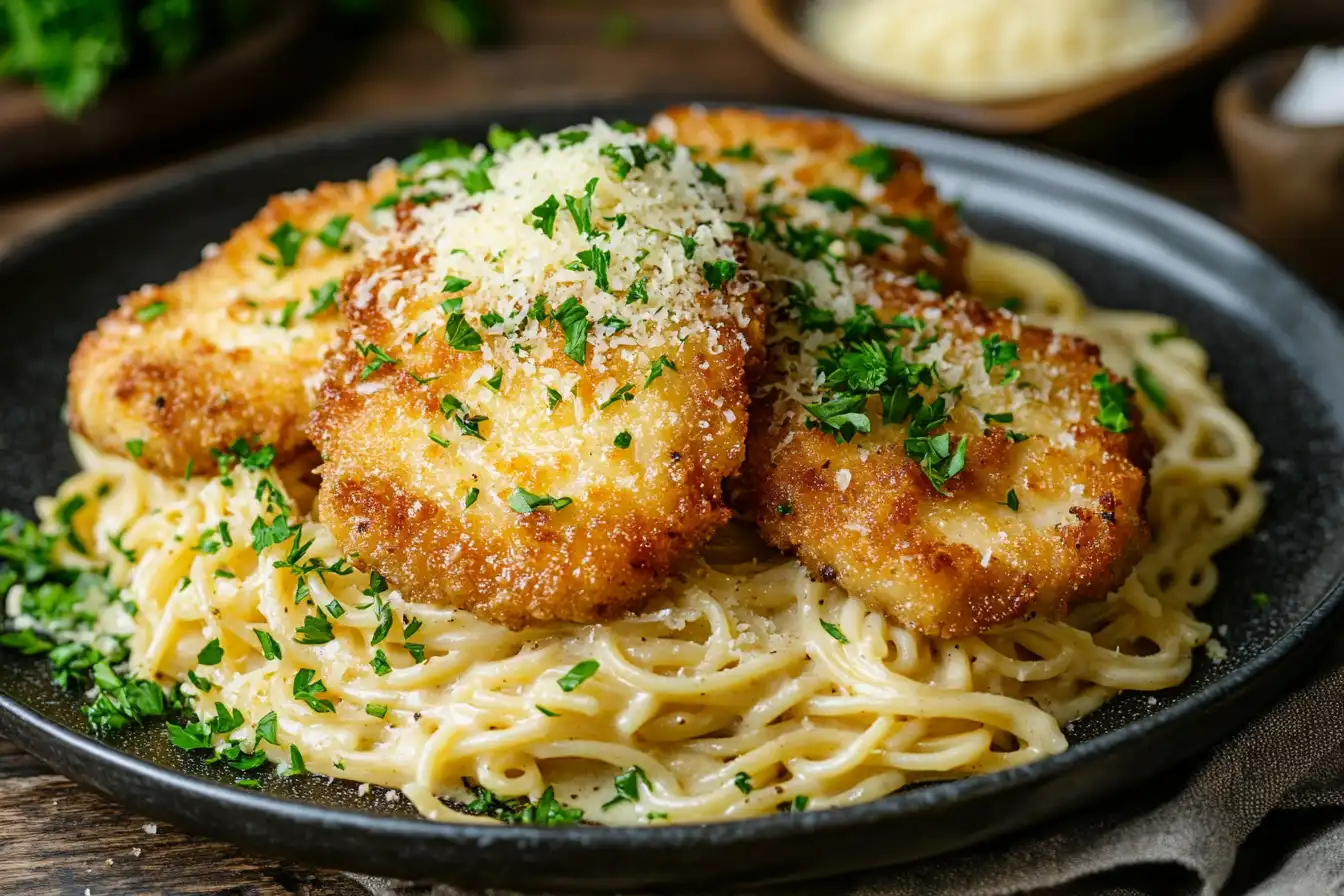 A plated serving of garlic Parmesan chicken pasta with breaded golden chicken cutlets on creamy pasta, garnished with fresh parsley and grated Parmesan cheese.