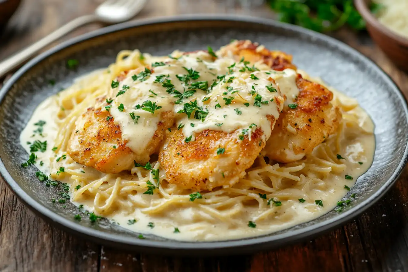 A plated serving of garlic Parmesan chicken pasta with creamy sauce, garnished with fresh parsley, served on a rustic wooden table.