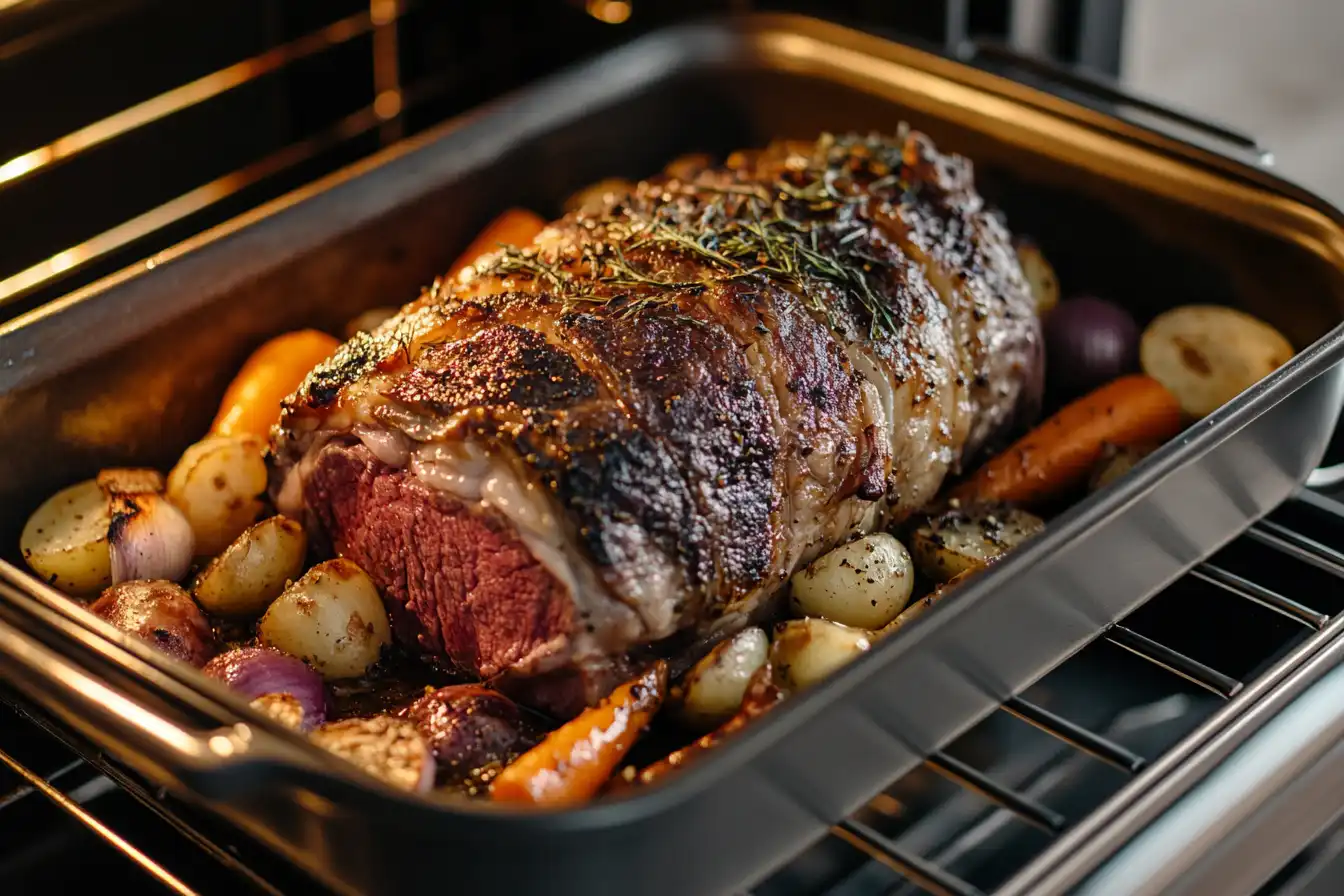 Ribeye roast cooking in the oven with a golden-brown crust, surrounded by roasted carrots, potatoes, and onions in a roasting pan.