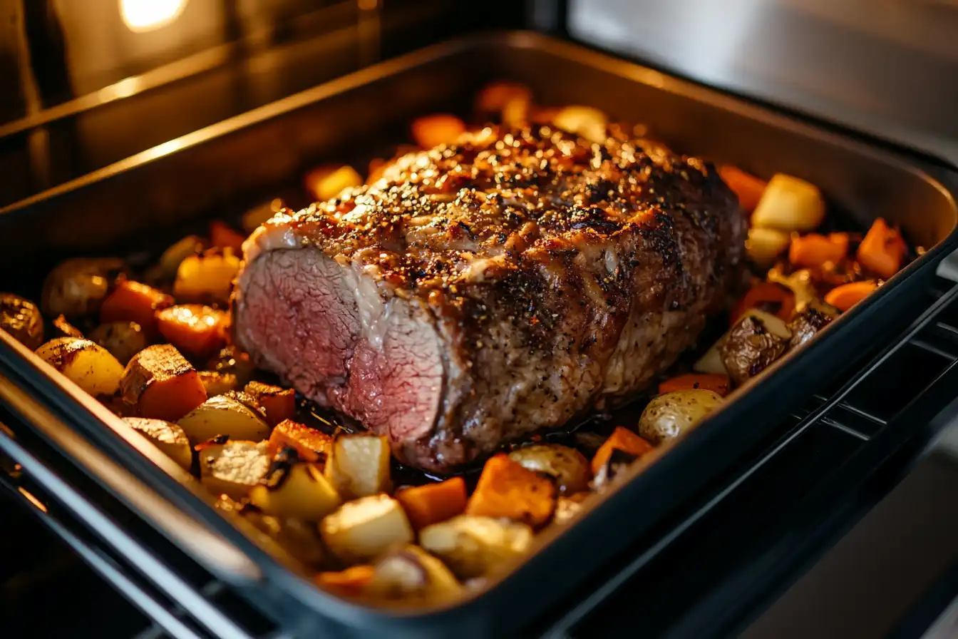 A perfectly roasted ribeye roast surrounded by golden potatoes and carrots in a roasting pan inside an oven, with visible caramelized crust.
