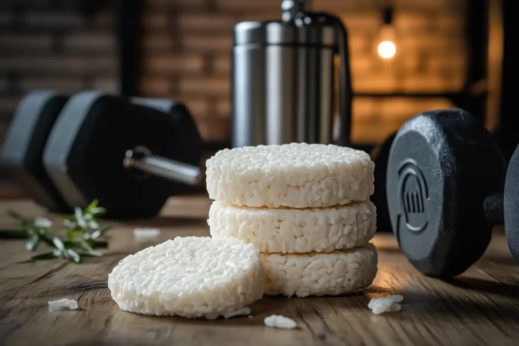 A stack of plain rice cakes on a wooden table, with gym equipment like dumbbells and a shaker bottle in the background.