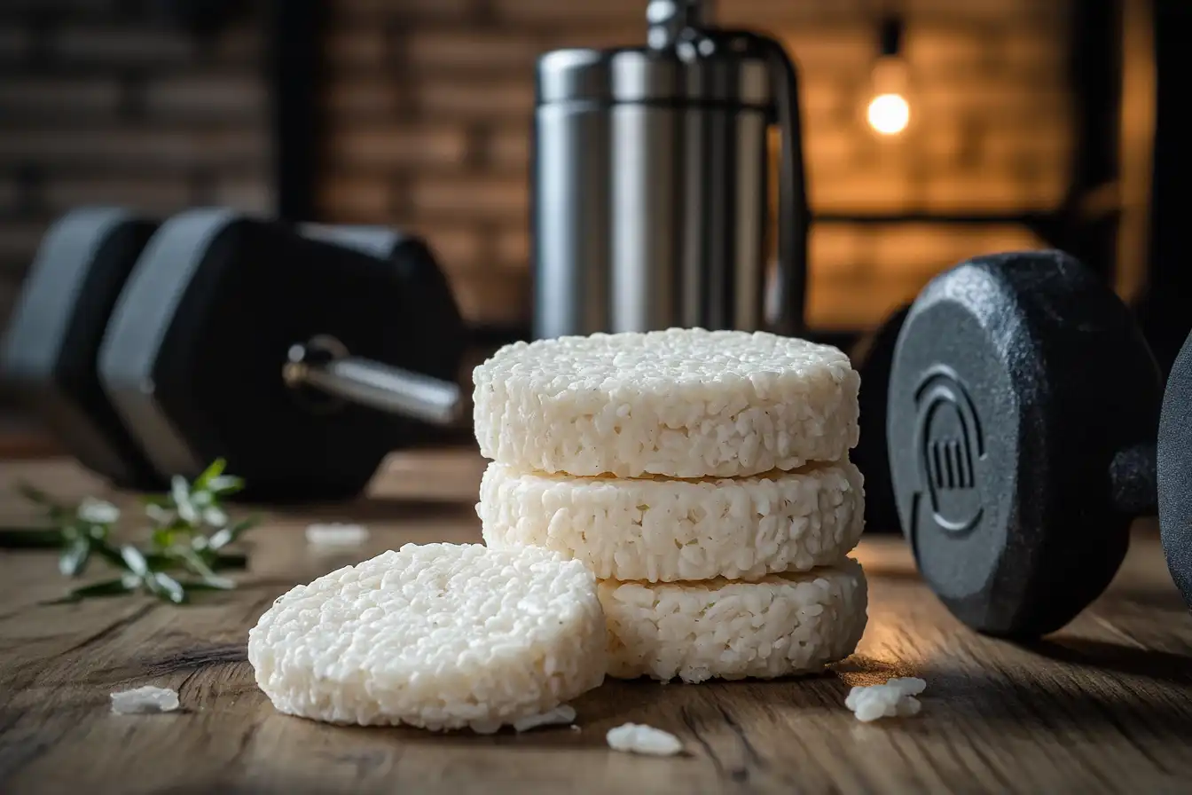 A stack of plain rice cakes on a wooden table, with gym equipment like dumbbells and a shaker bottle in the background.
