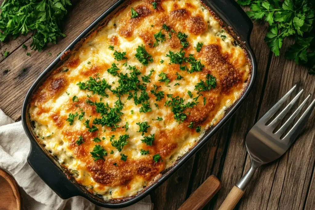 A golden-brown chicken casserole baked to perfection, topped with melted cheese and garnished with fresh parsley in a black baking dish.