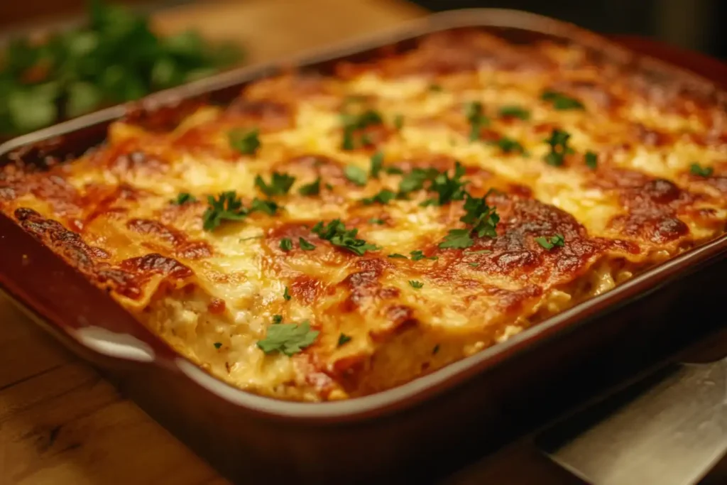 A golden-brown chicken casserole topped with melted cheese and garnished with fresh parsley, served in a ceramic baking dish.