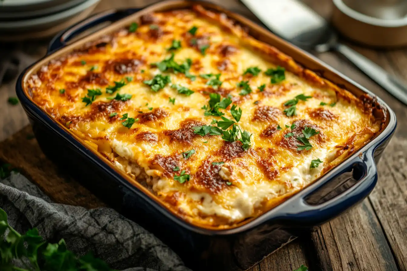 A golden-brown casserole topped with fresh parsley in a blue baking dish on a rustic wooden table.