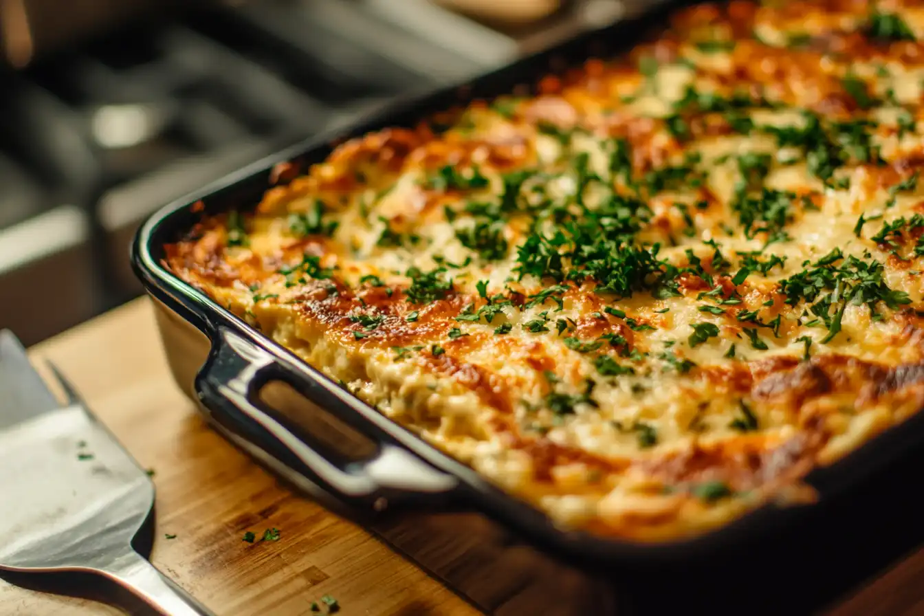 Million Dollar Chicken Casserole freshly baked in a black dish, topped with golden-brown cheese and parsley, resting on a wooden countertop.