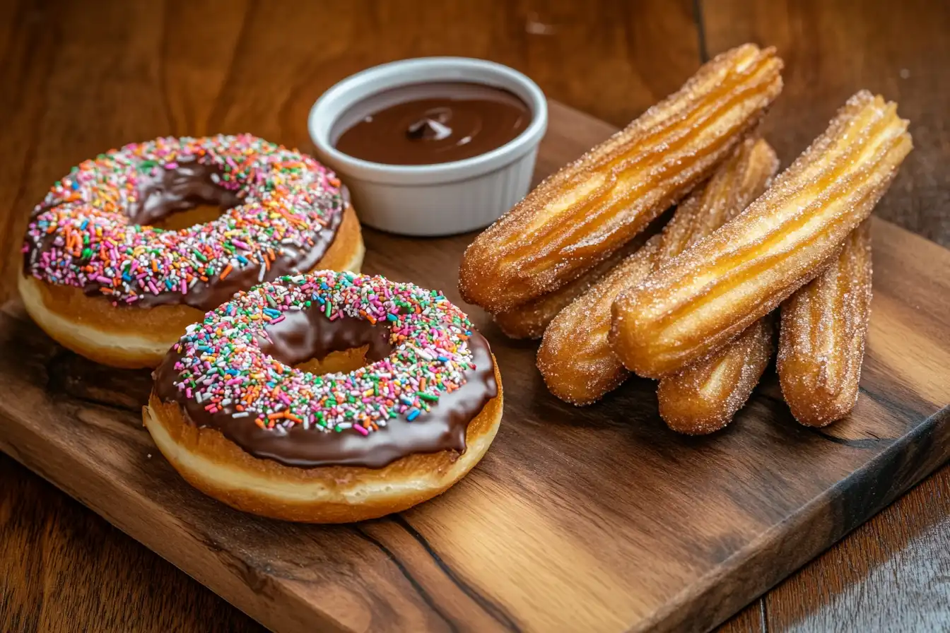 Chocolate-glazed donuts with colorful sprinkles alongside sugar-coated churros served with chocolate dipping sauce.